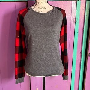Gray and Red Plaid Sleeve Women's Top